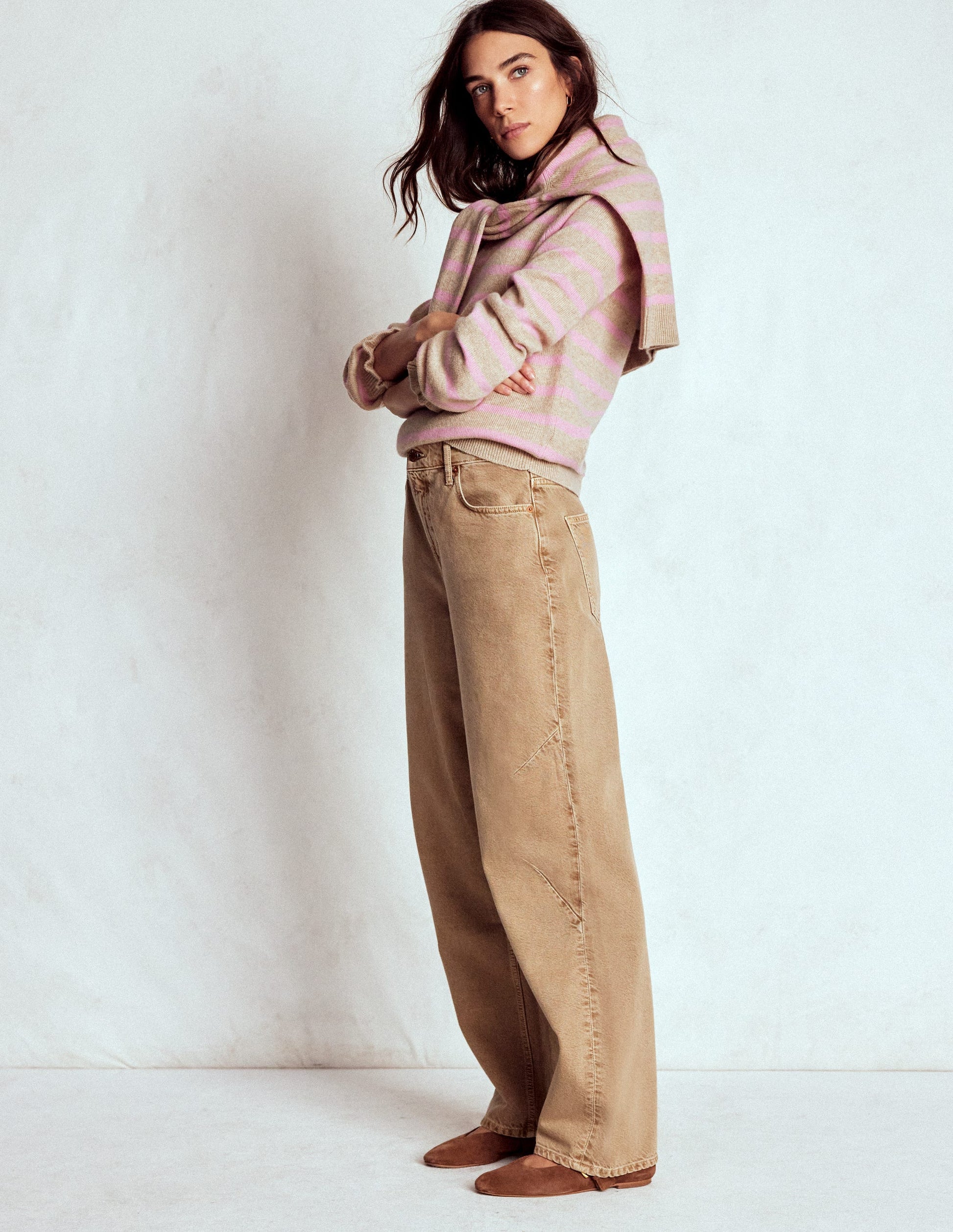 Pull Fae à volants et motif jacquard-Camel, rayé rose-5