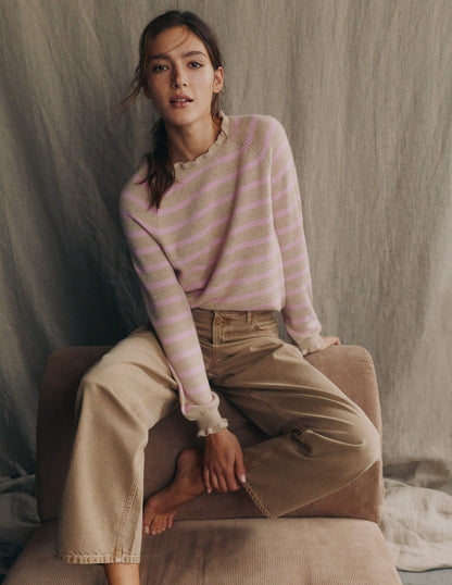 Pull Fae à volants et motif jacquard-Camel, rayé rose-1