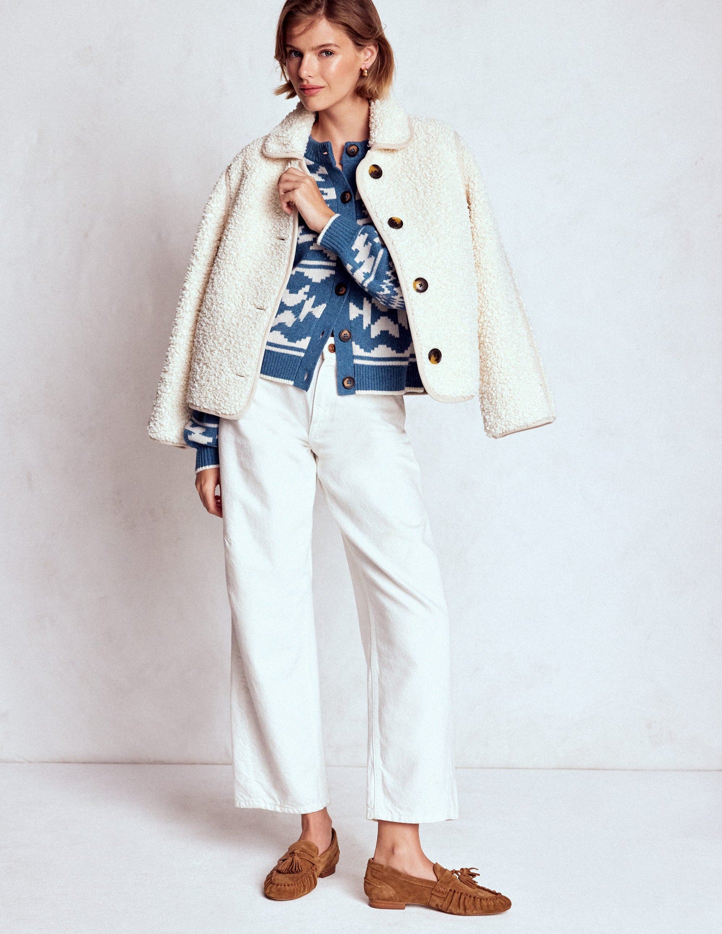 Abi Jacquard-Strickjacke-Denim-Blau Aztekenmuster