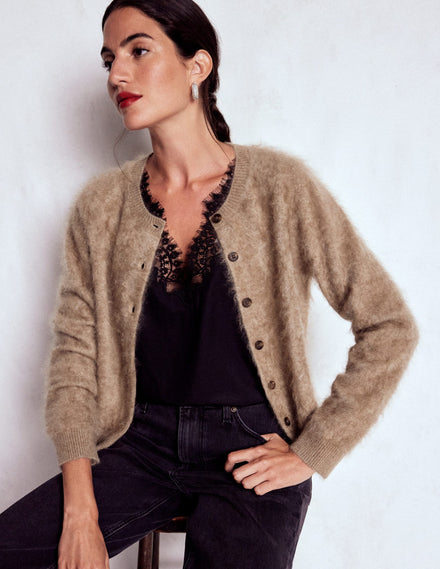 Cardigan court en cachemire brossé-Taupe foncé chiné