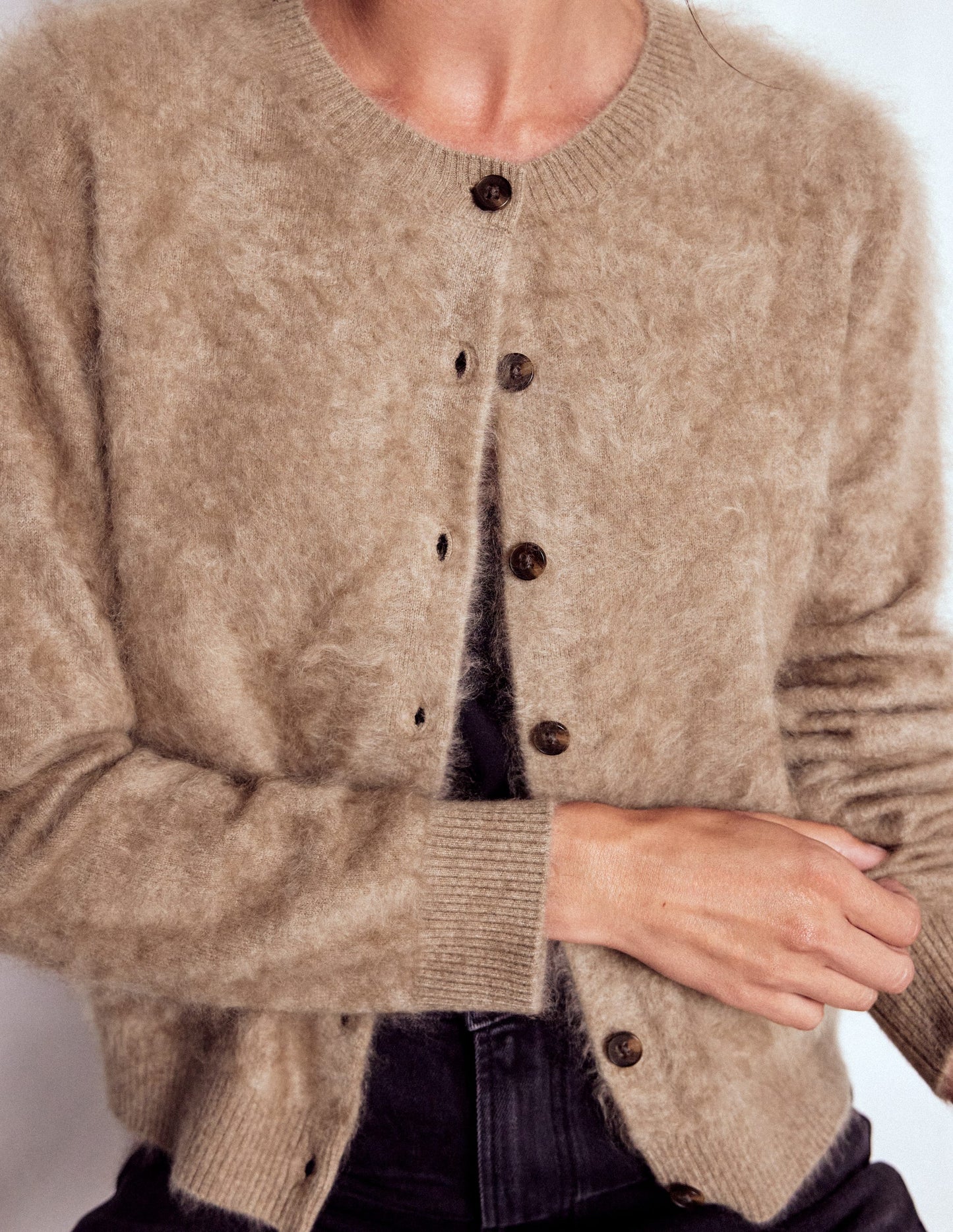 Eva Brushed Cashmere Cardigan-Dark Mink Melange