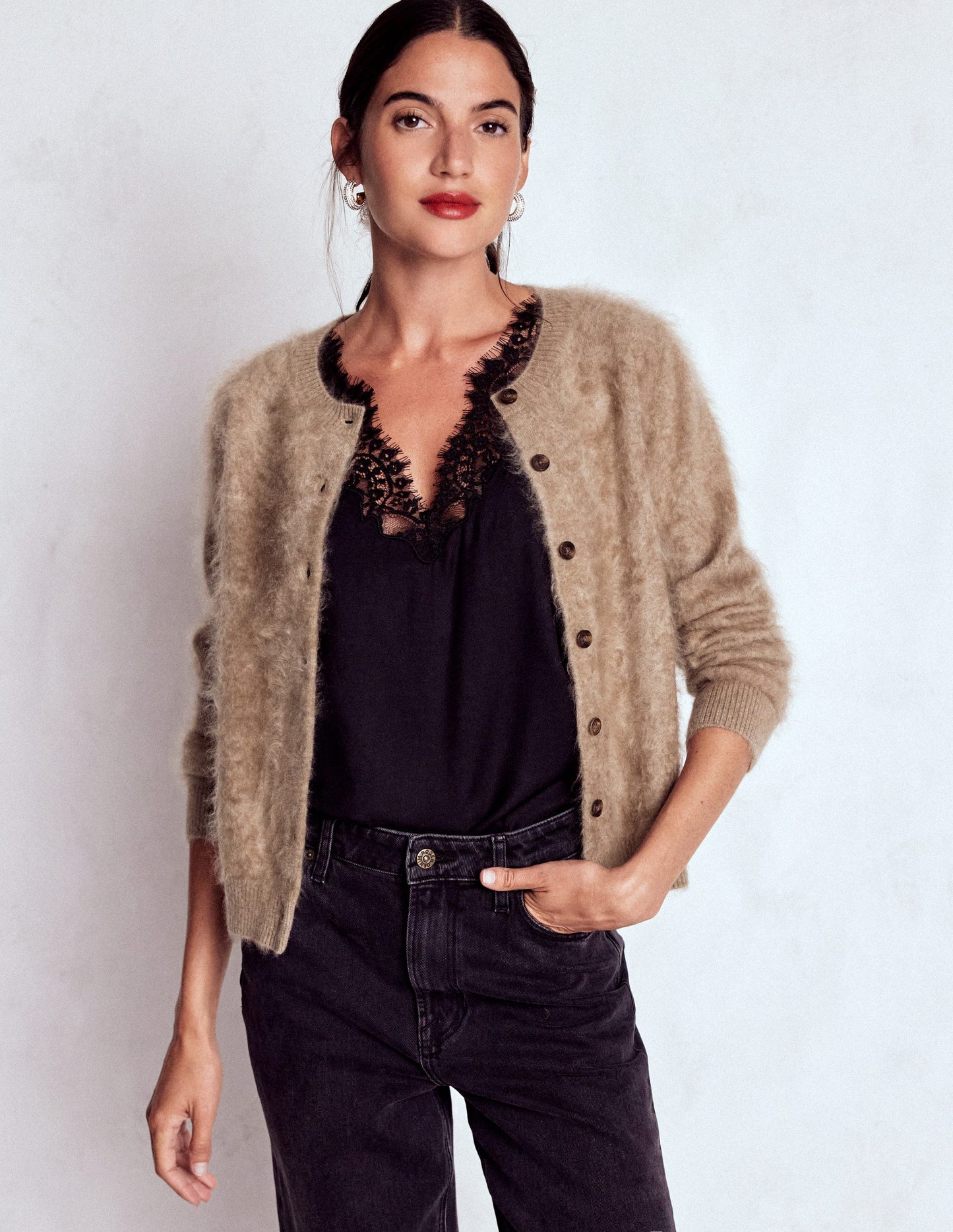 Eva Brushed Cashmere Cardigan-Dark Mink Melange