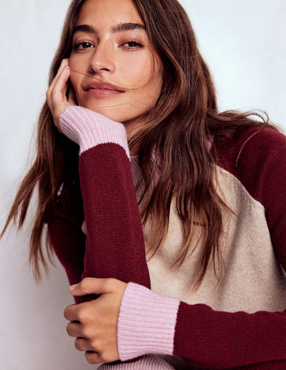 Marion Merino High Neck Jumper-Linen, Pinotage Colour Block-1