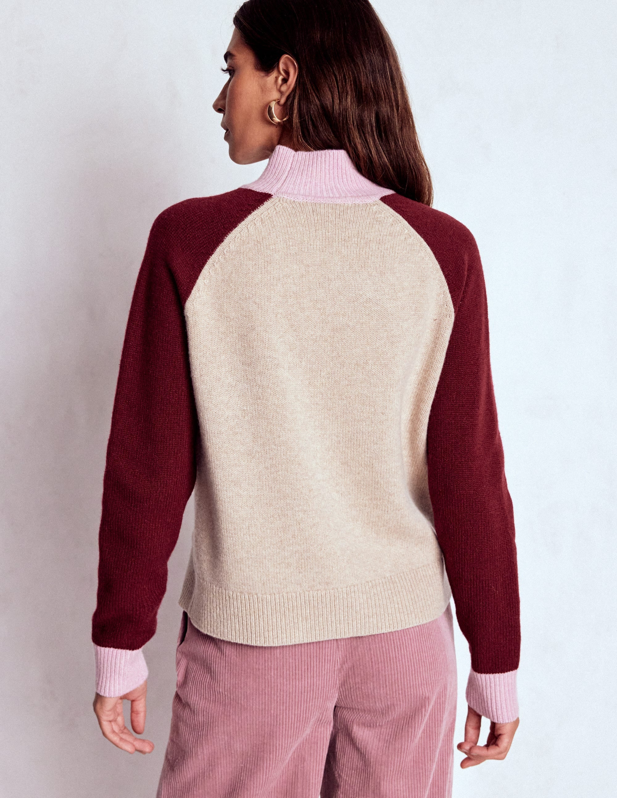 Marion Hochgeschlossener Merino-Pullover-Leinen, Pinotage Blockfarben - Image 3