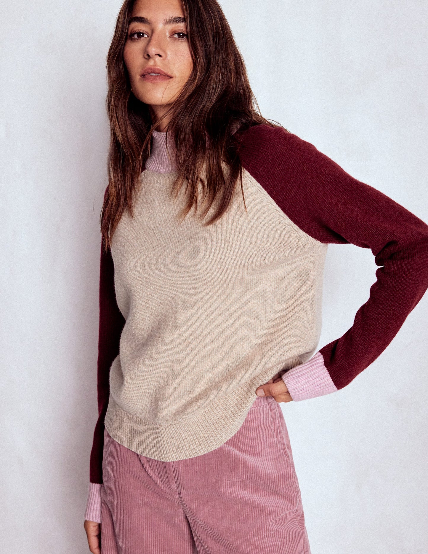 Marion Merino High Neck Jumper-Linen, Pinotage Colour Block