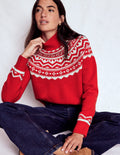 Marion Hochgeschlossener Merino-Pullover-Mohnrot Fair-Isle