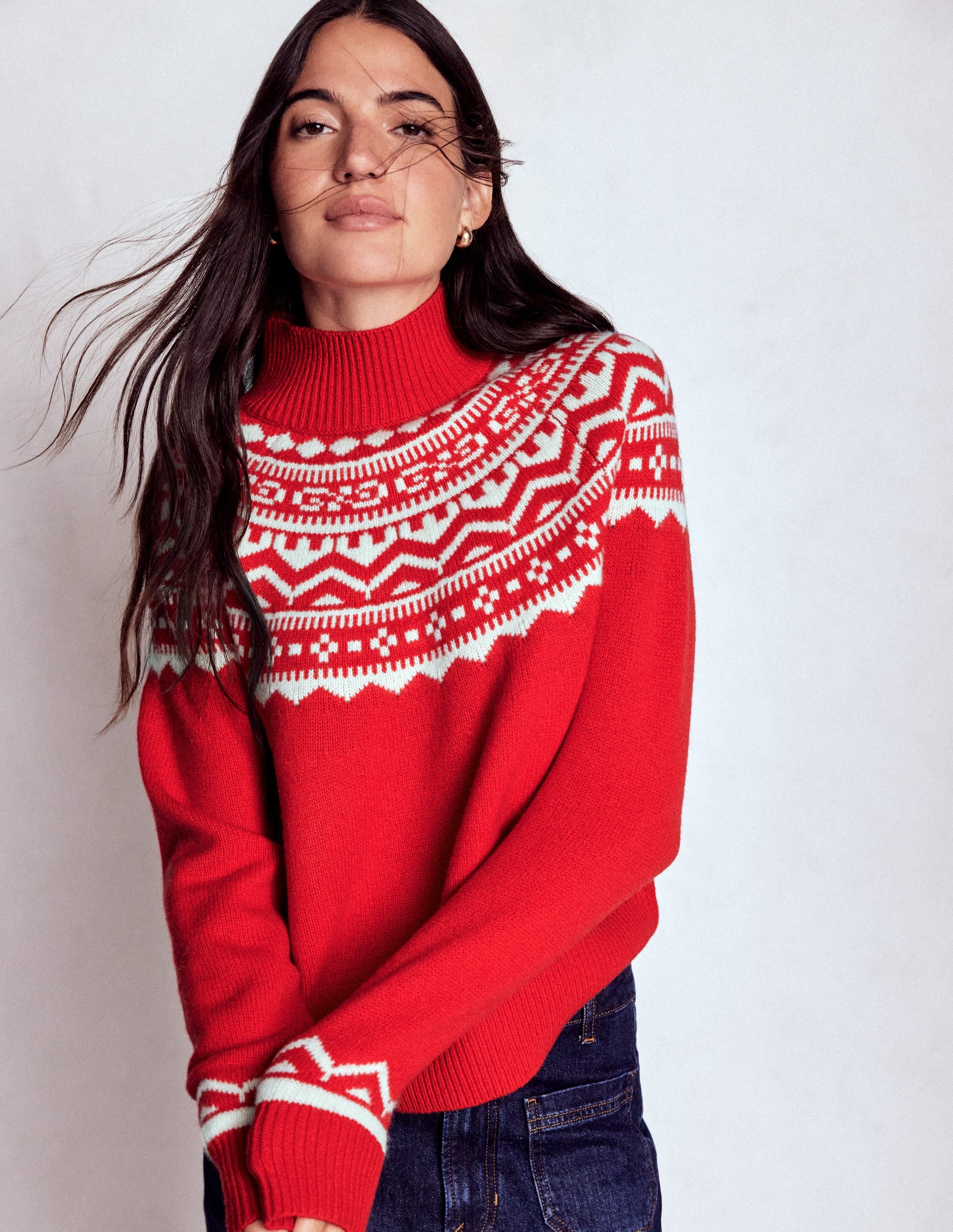 Marion Hochgeschlossener Merino-Pullover-Mohnrot Fair-Isle - Image 2