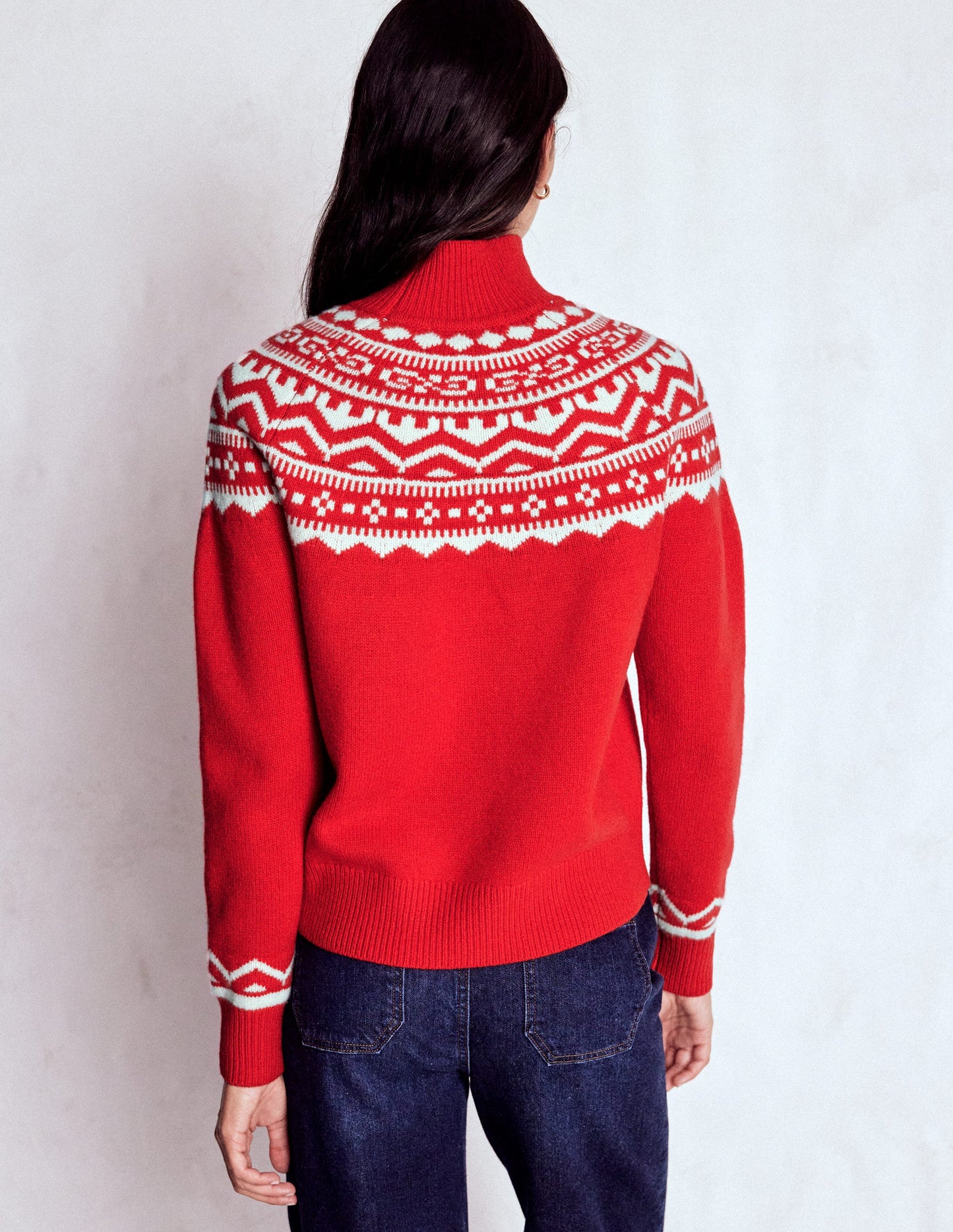 Marion Hochgeschlossener Merino-Pullover-Mohnrot Fair-Isle