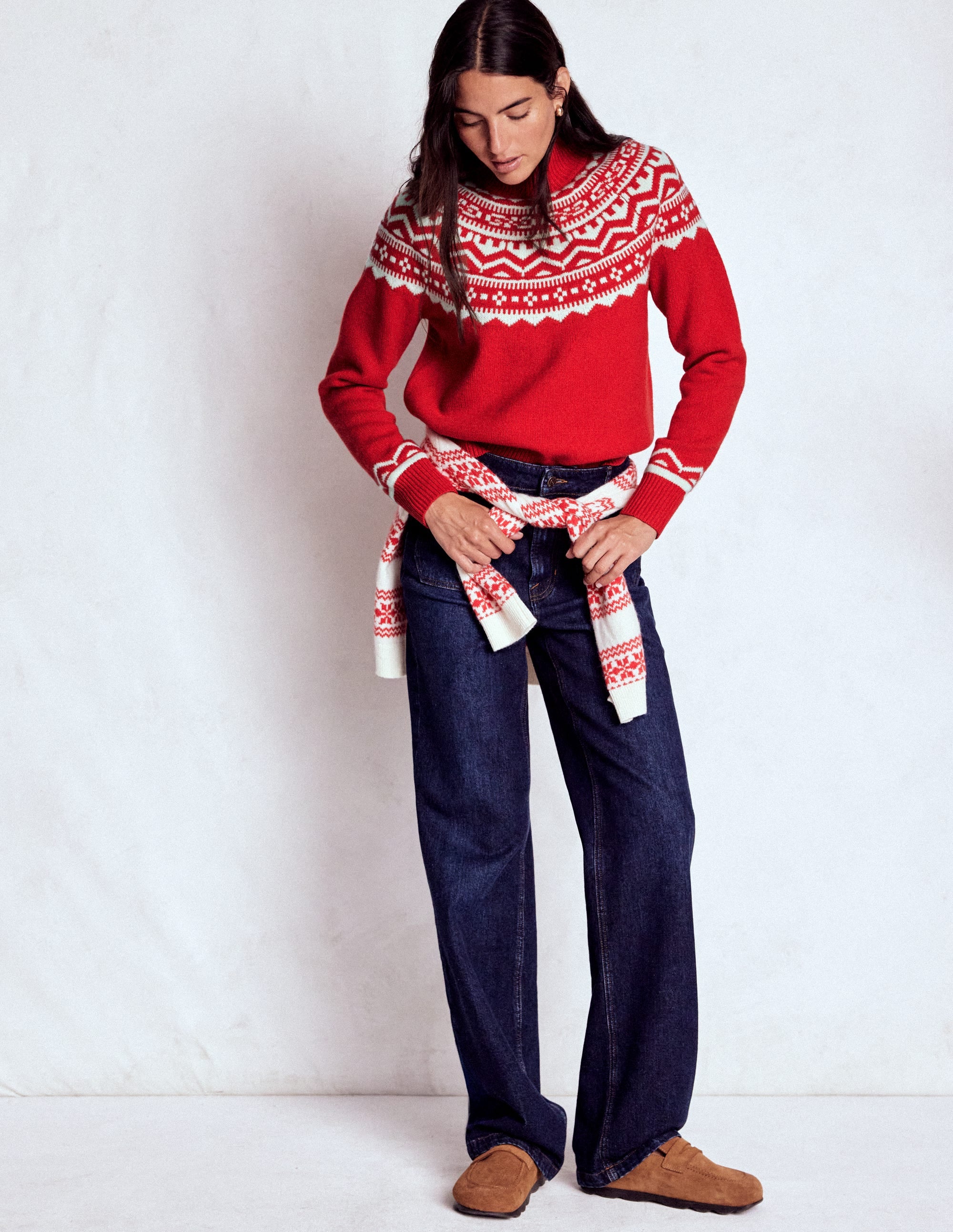 Marion Hochgeschlossener Merino-Pullover-Mohnrot Fair-Isle - Image 4