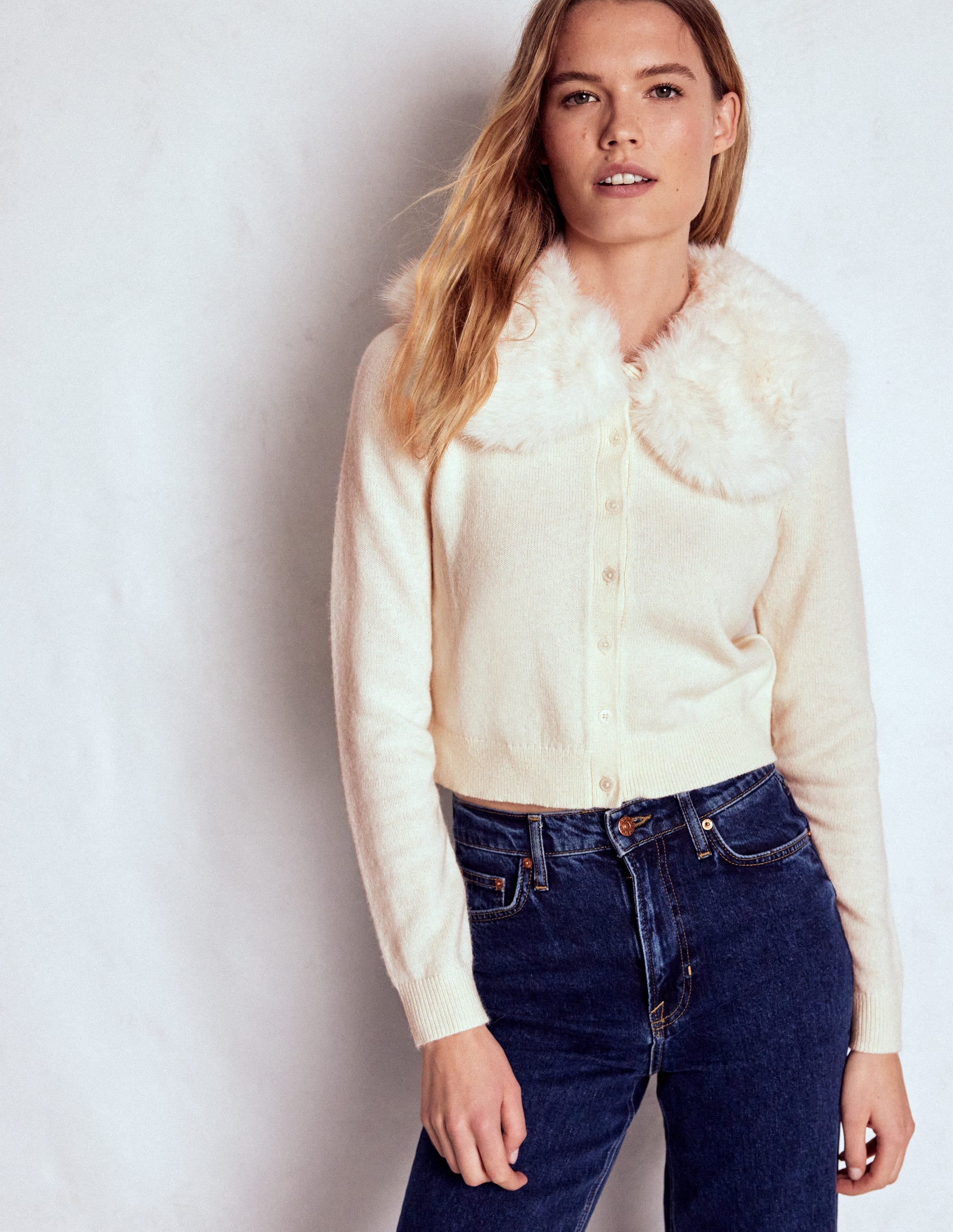 Fur Collar Cropped Cardigan-Warm Ivory - Image 2