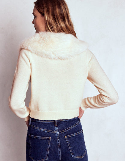 Fur Collar Cropped Cardigan-Warm Ivory-4