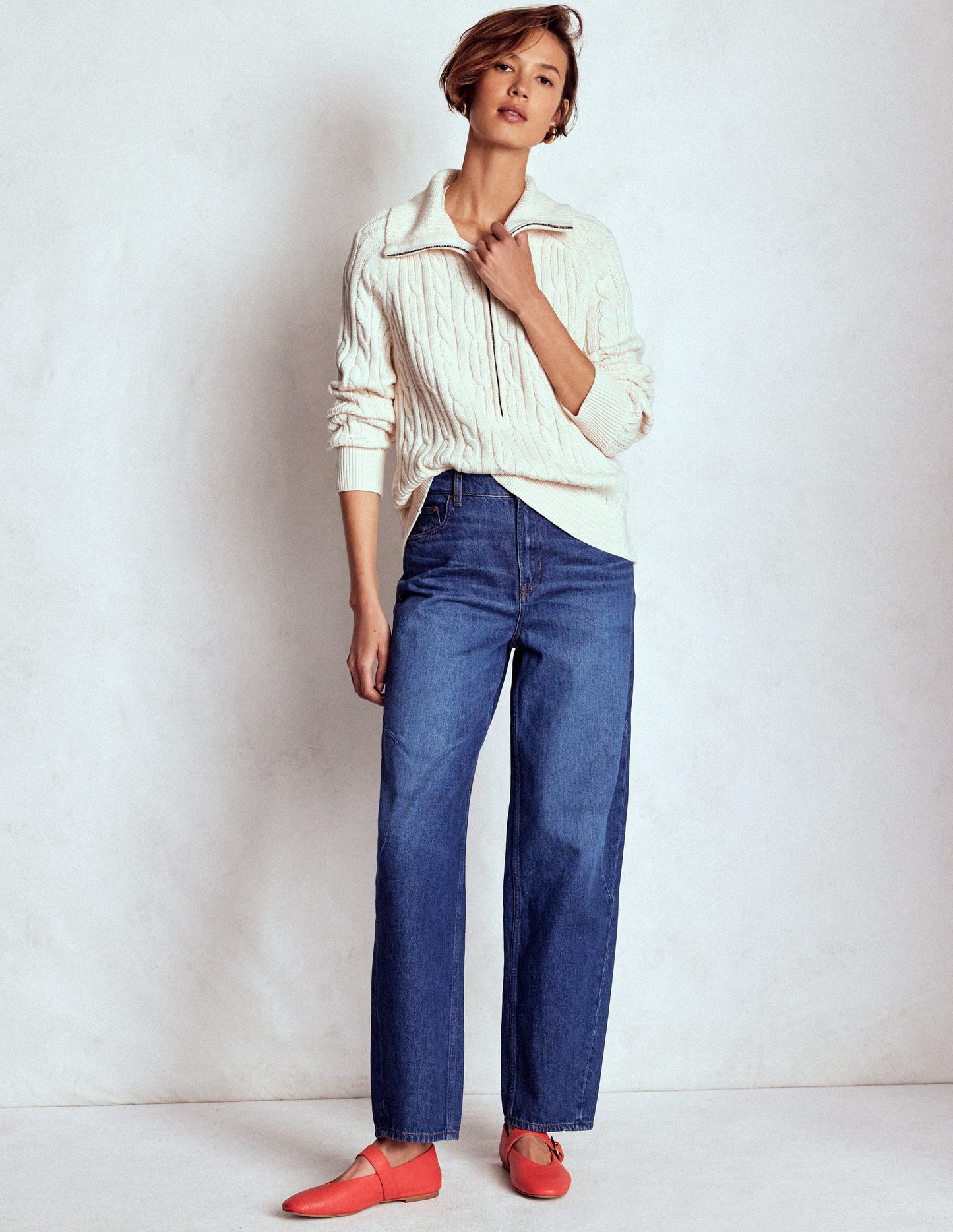 Lucy Pullover mit Halbreißverschluss-Warmes Naturweiß Zopfstrickmuster