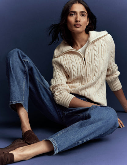 Lucy Pullover mit Halbreißverschluss-Warmes Naturweiß Zopfstrickmuster-1