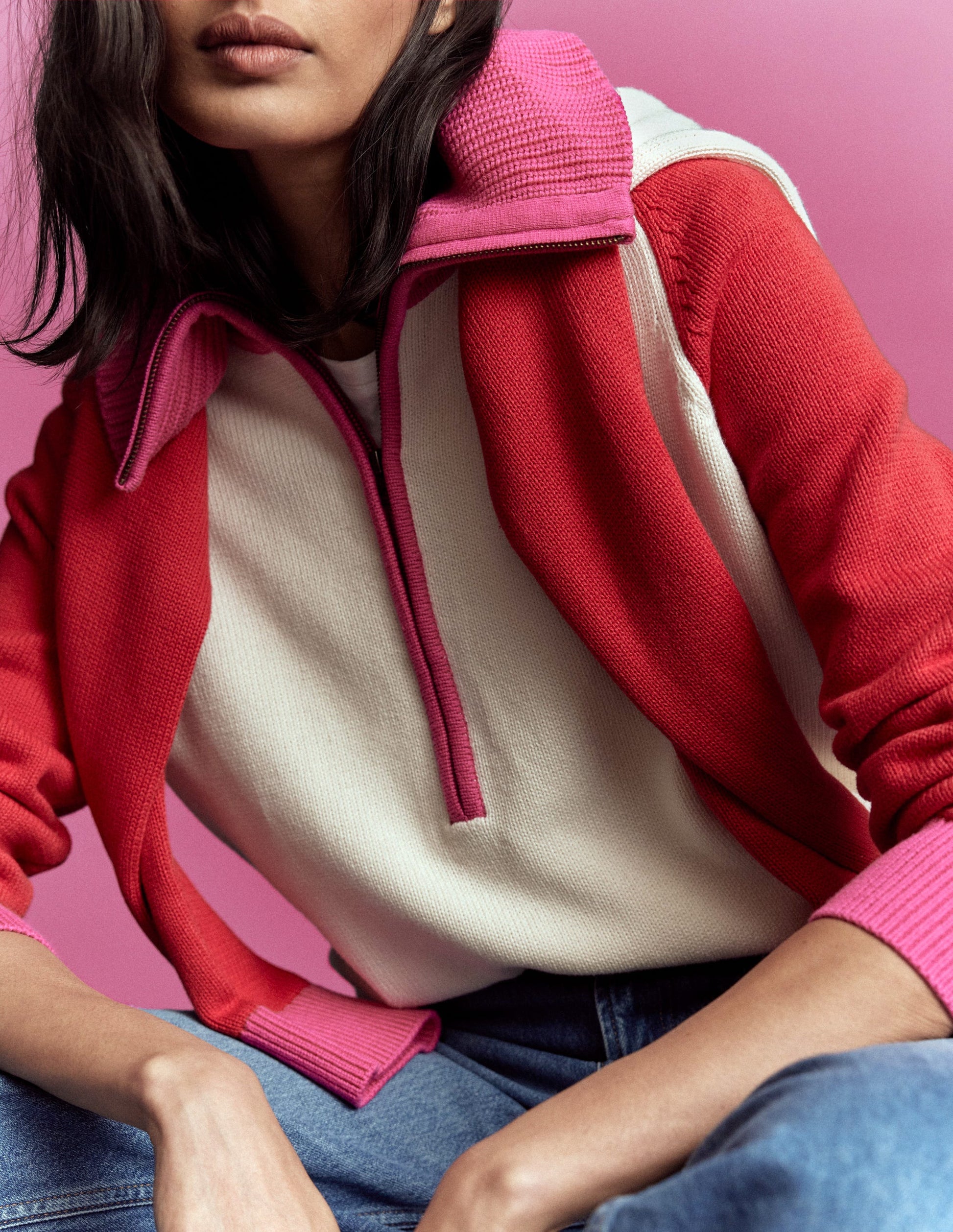 Lucy Pullover mit Halbreißverschluss-Warmes Naturweiß, Rot-1