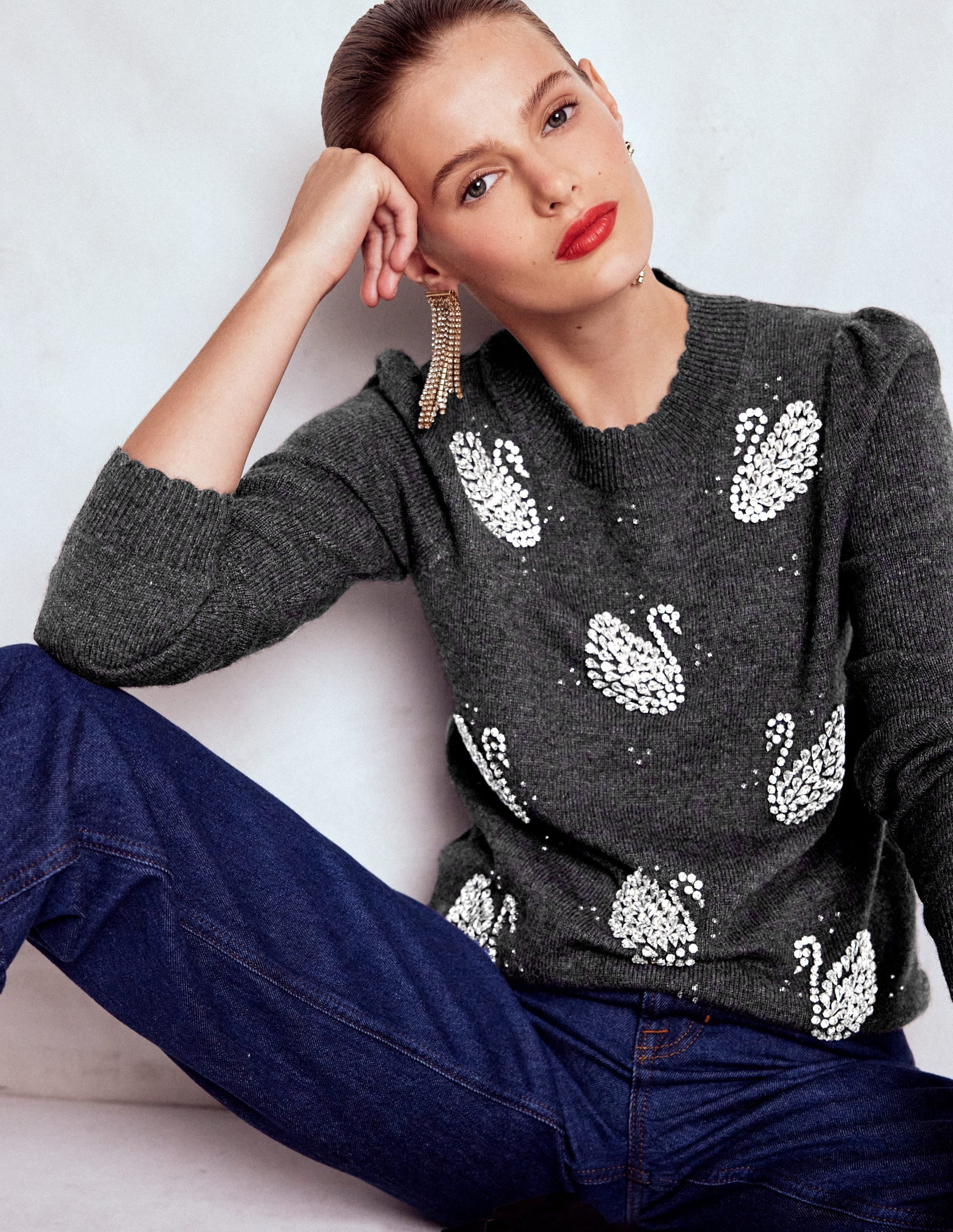 Elizabeth Embellished Jumper-Charcoal Melange Swans - Image 2
