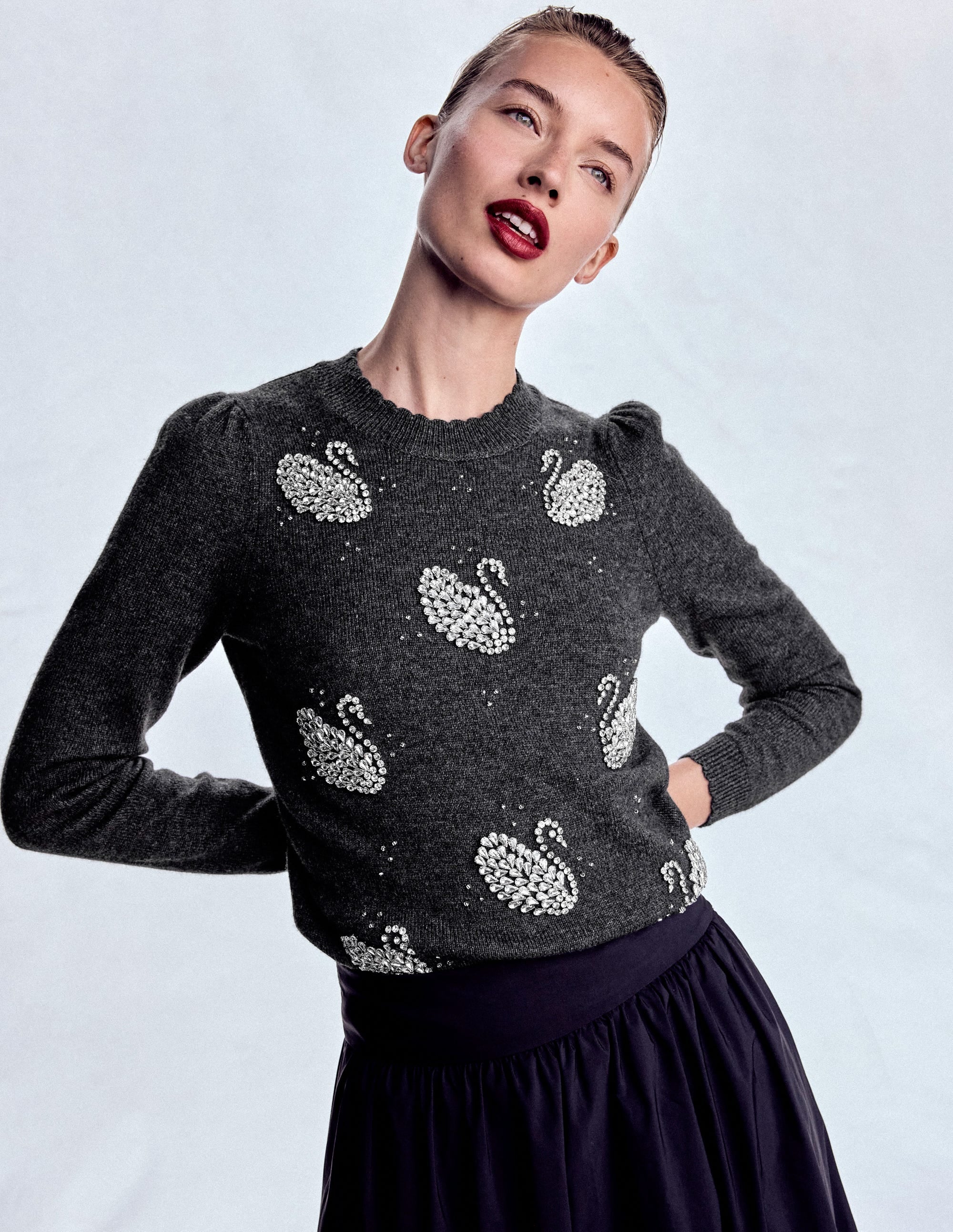 Elizabeth Embellished Jumper-Charcoal Melange Swans - Image 1