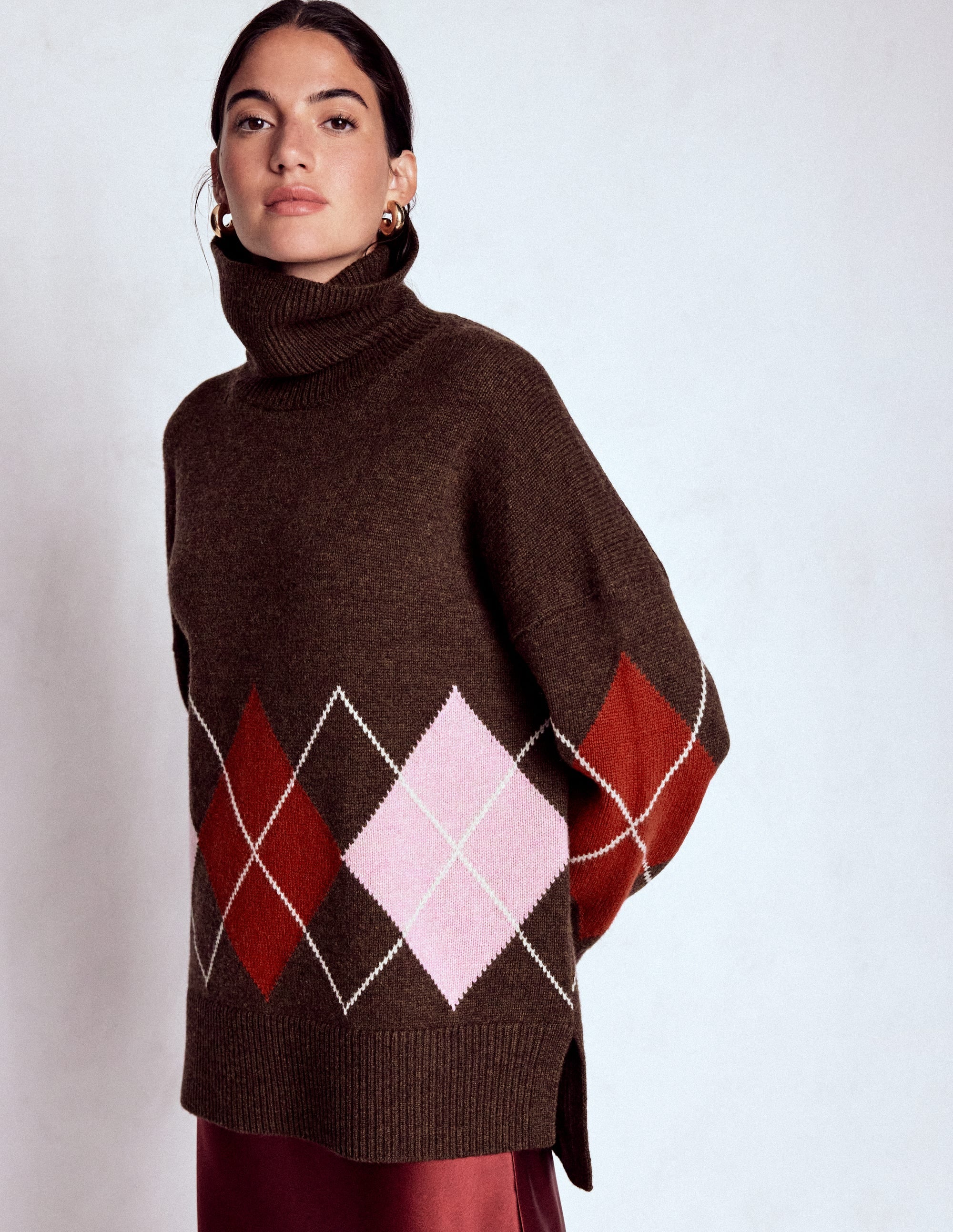 Polly Merino-Rollkragenpullover-Braun, Rosa Argyle - Image 1
