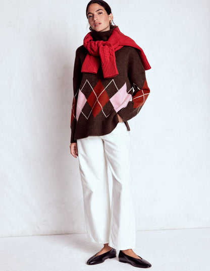 Polly Merino Roll Neck Jumper-Brown, Pink Argyle-6