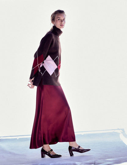 Polly Merino Roll Neck Jumper-Brown, Pink Argyle-1