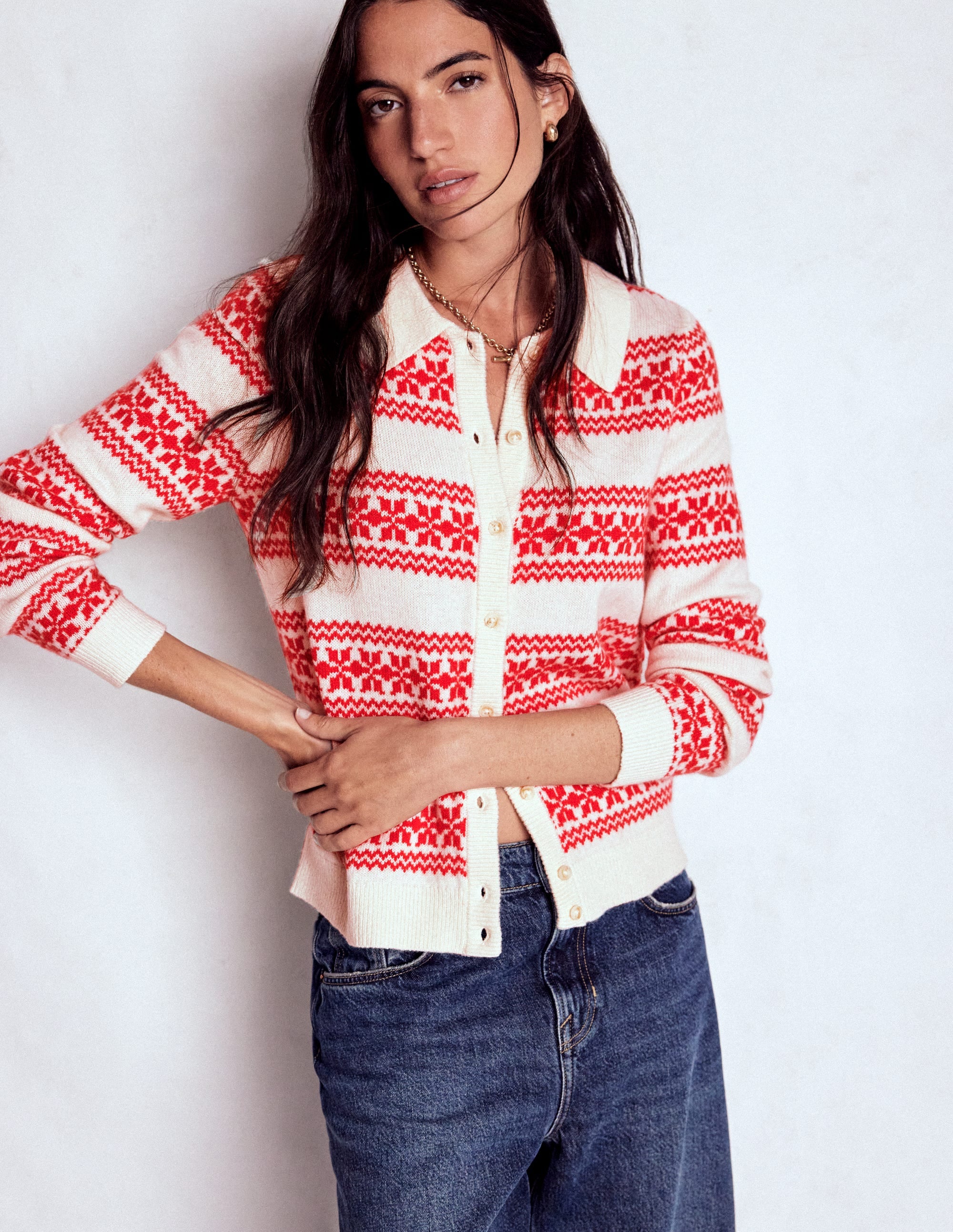 Edie Fair-Isle-Strickhemd-Warmes Naturweiß, Rotes Fair-Isle - Image 4