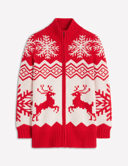 Zip Up Jacquard Cardigan-Poppy Red Reindeer-8