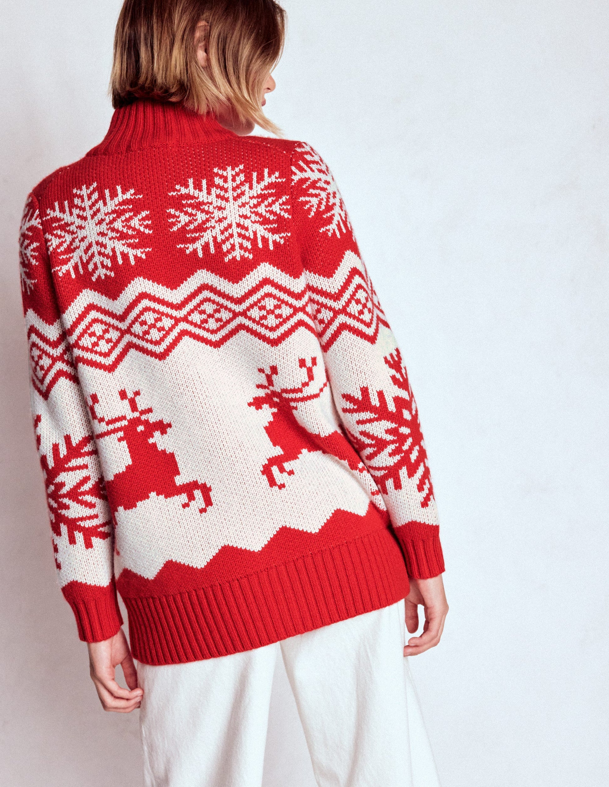 Zip Up Jacquard Cardigan-Poppy Red Reindeer-4