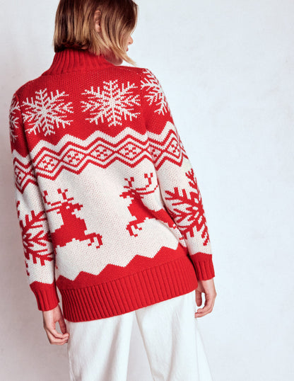 Zip Up Jacquard Cardigan-Poppy Red Reindeer-4