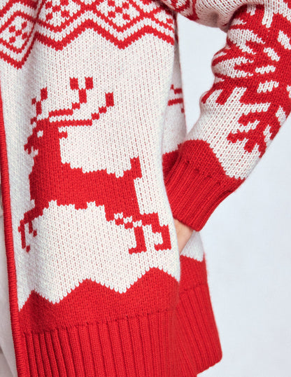 Zip Up Jacquard Cardigan-Poppy Red Reindeer-6