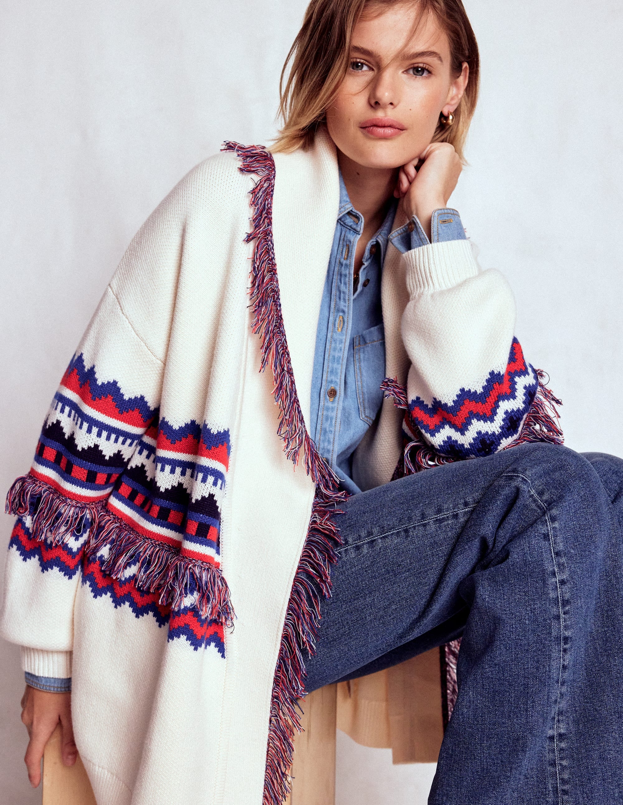 Jacquard-Strickjacke mit Fransen-Warmes Naturweiß Meliert - Image 1