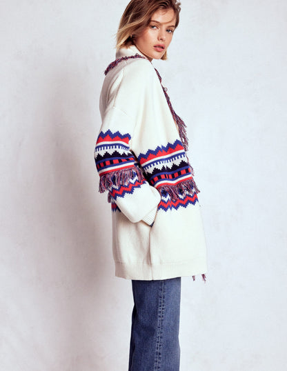 Fringed Jacquard Cardigan-Warm Ivory Melange-5