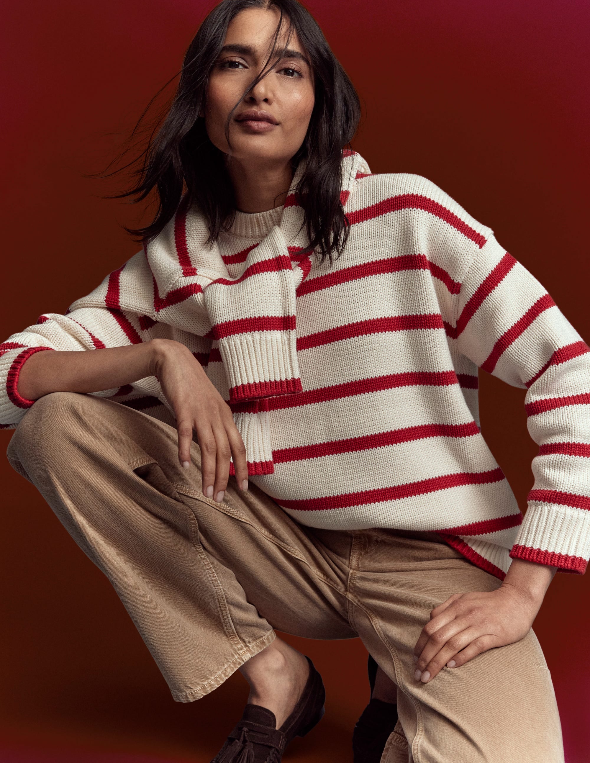 Lucy Oversize-Baumwollpullover-Naturweiß/Rot Streifen - Image 2