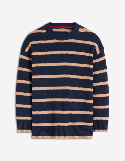 Lucy Oversize-Baumwollpullover-Marineblau/Kamelbraun Meliert-5