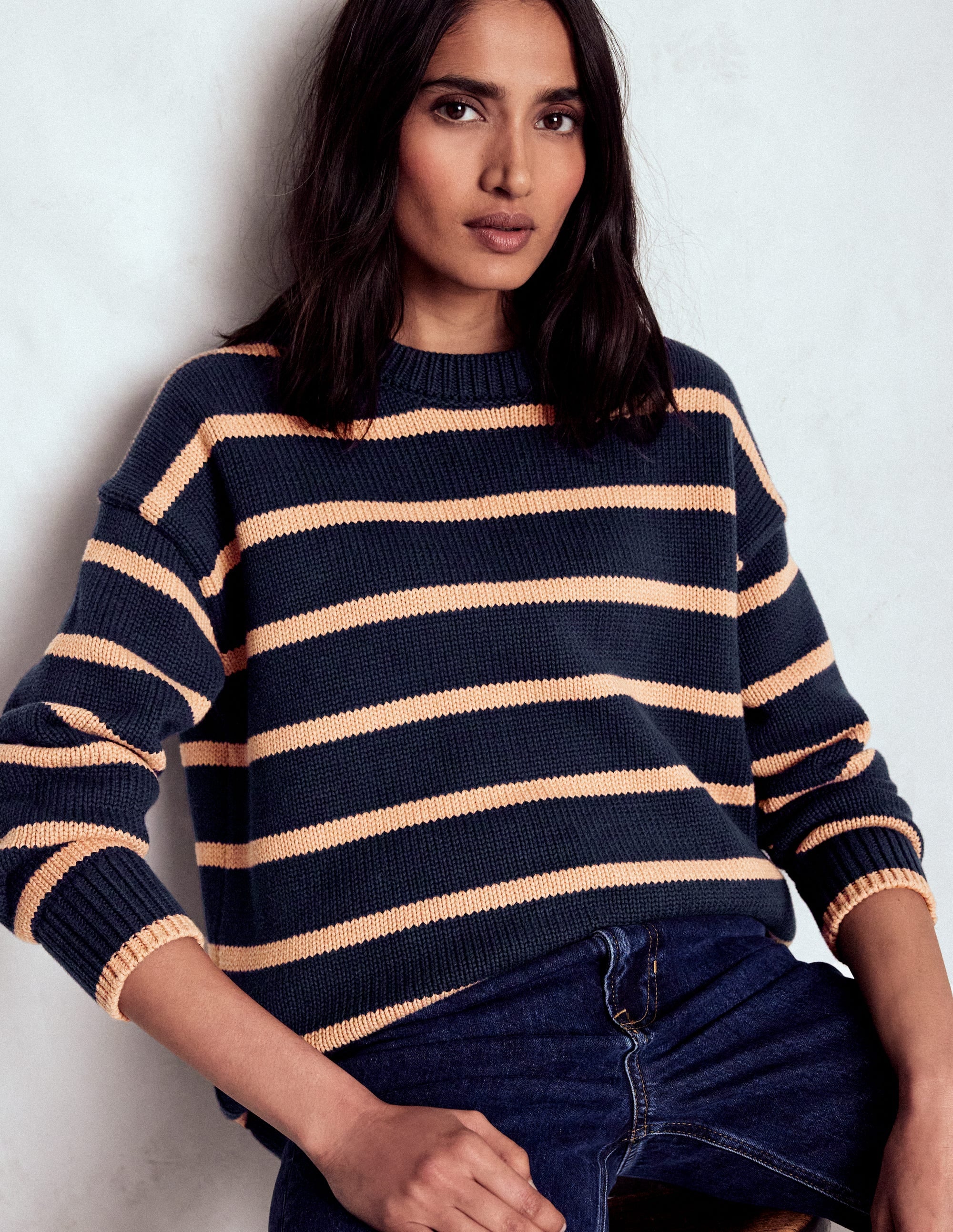 Lucy Oversize-Baumwollpullover-Marineblau/Kamelbraun Meliert - Image 1