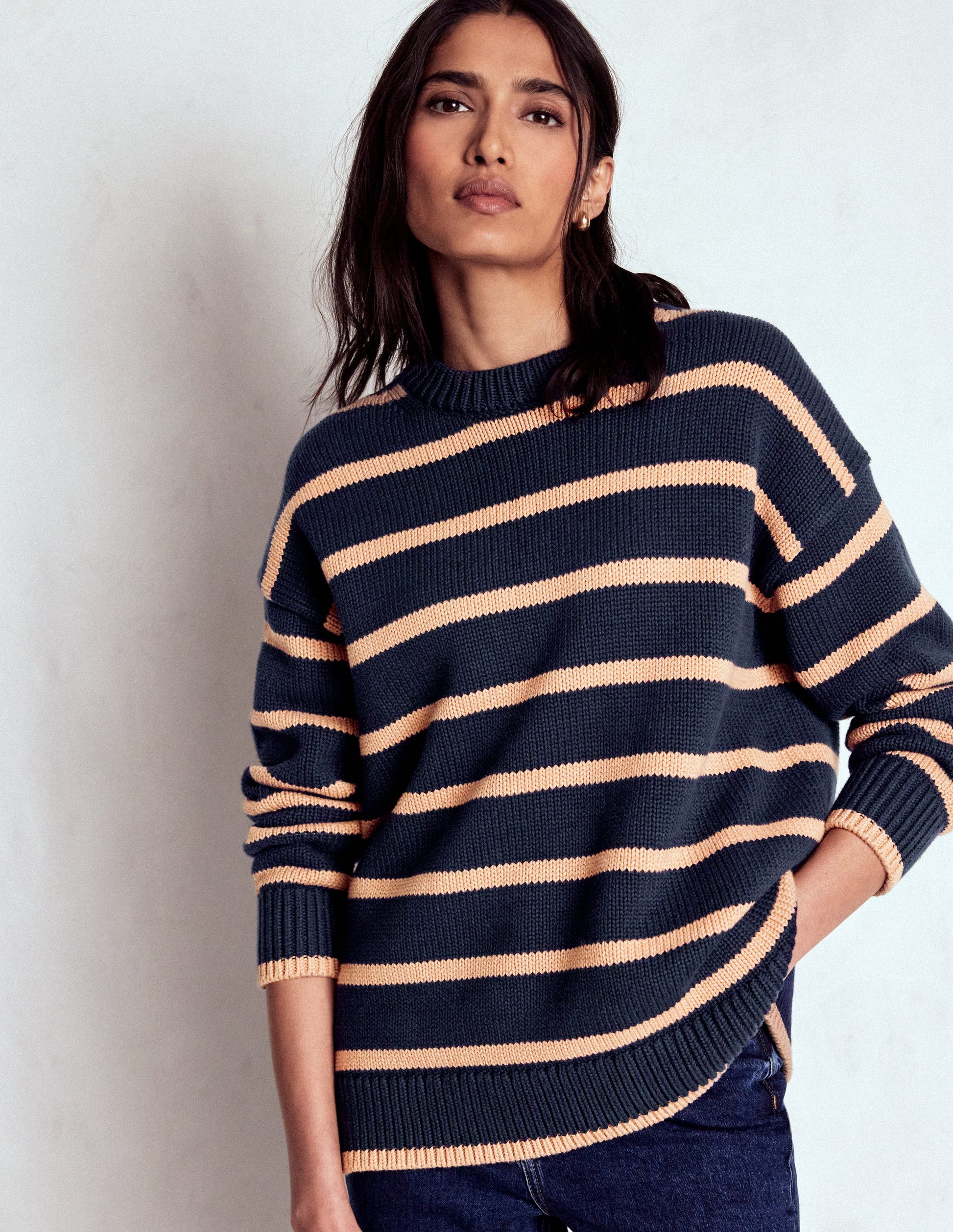 Lucy Oversize-Baumwollpullover-Marineblau/Kamelbraun Meliert-4