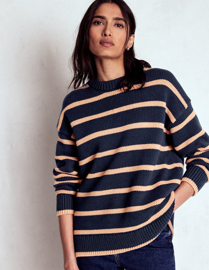 Lucy Oversize-Baumwollpullover-Marineblau/Kamelbraun Meliert-4