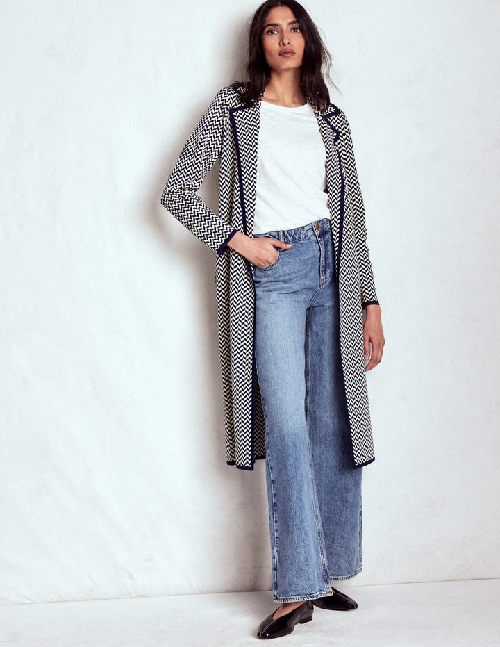 Manteau façon gilet en jacquard-Bleu marine/pied-de-poule ivoire