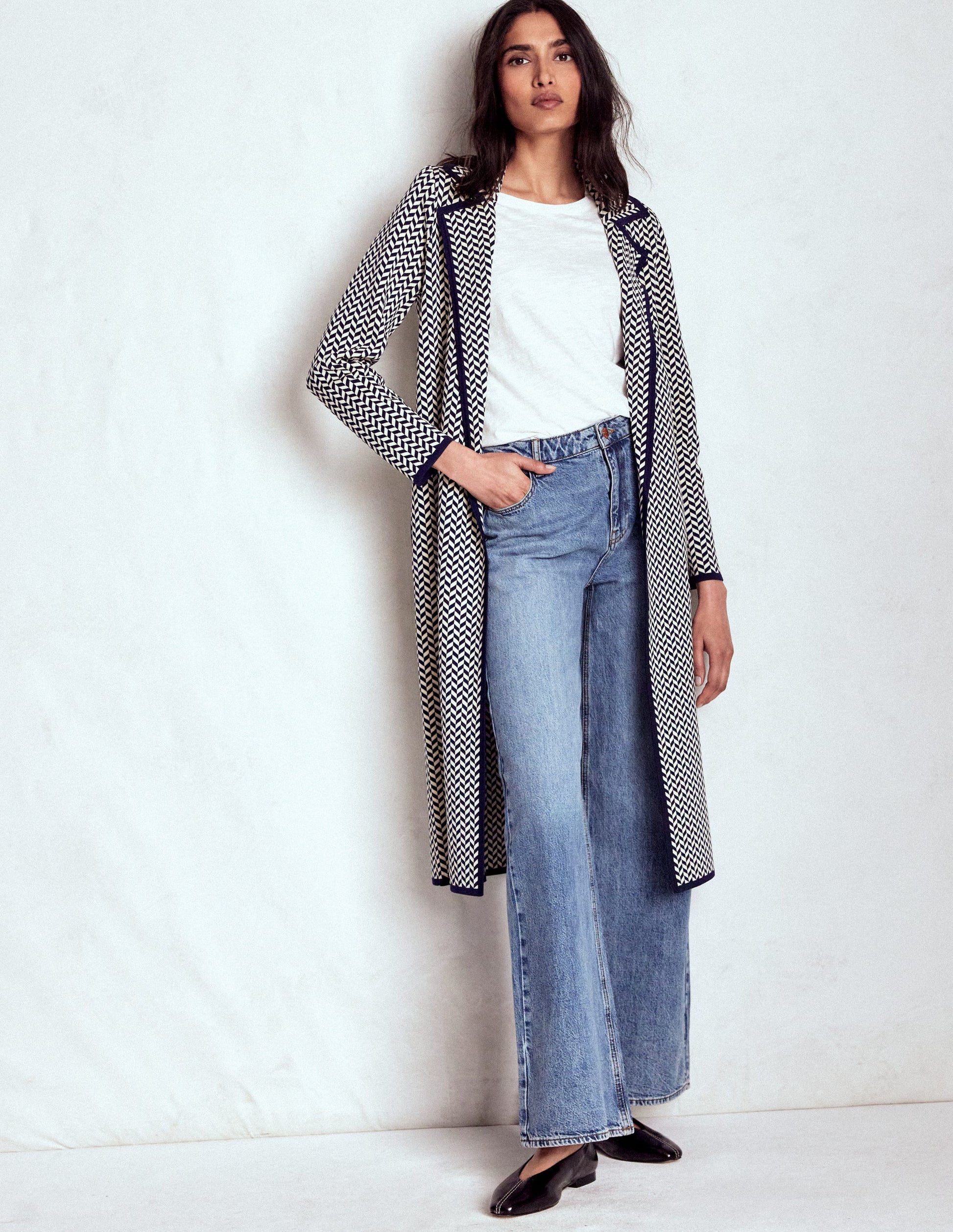 Jacquard-Strickmantel-Marineblau/Naturweiß Modernes Hahnentrittmuster-1