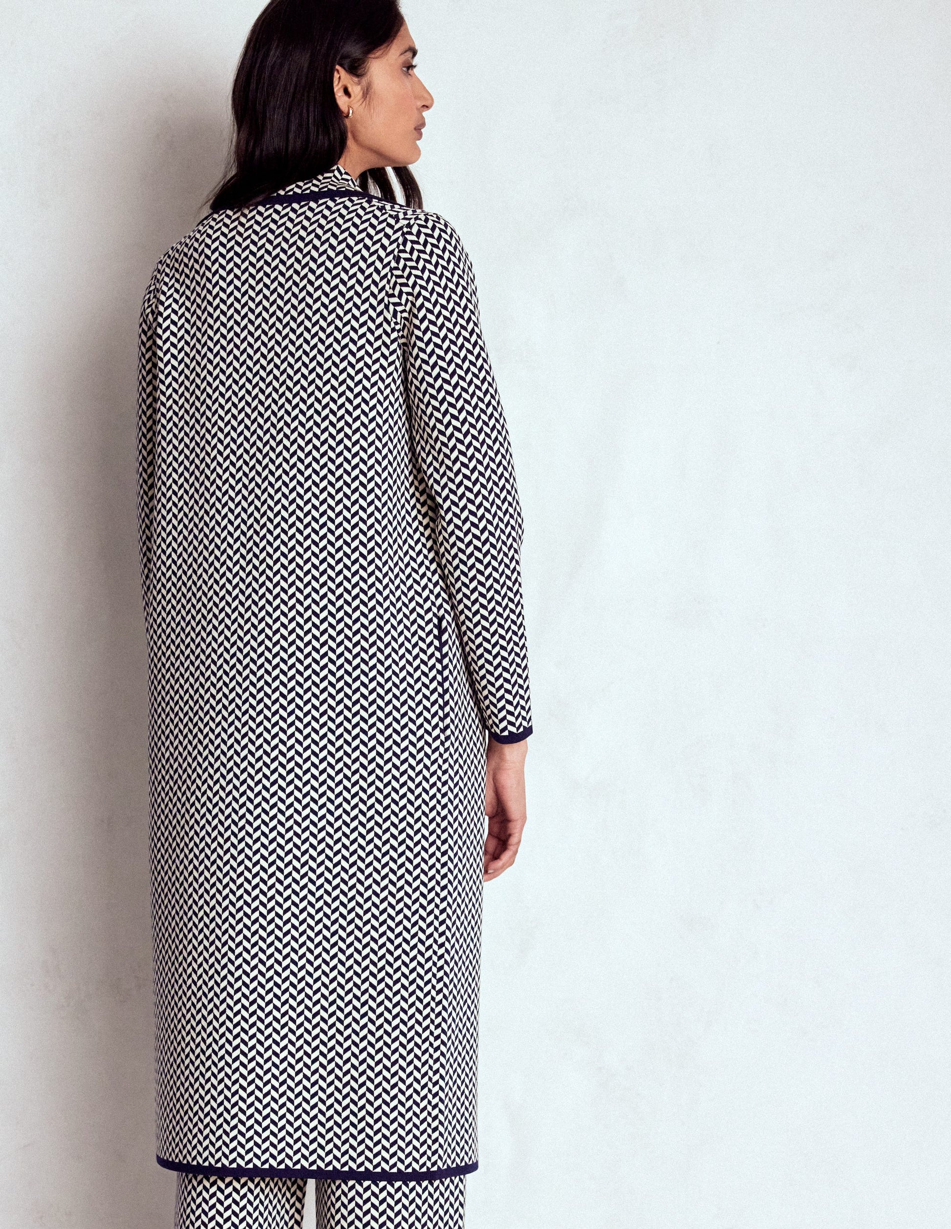 Jacquard-Strickmantel-Marineblau/Naturweiß Modernes Hahnentrittmuster-3