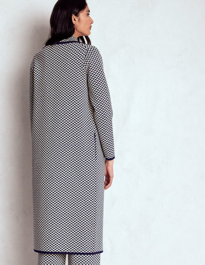 Jacquard-Strickmantel-Marineblau/Naturweiß Modernes Hahnentrittmuster-3