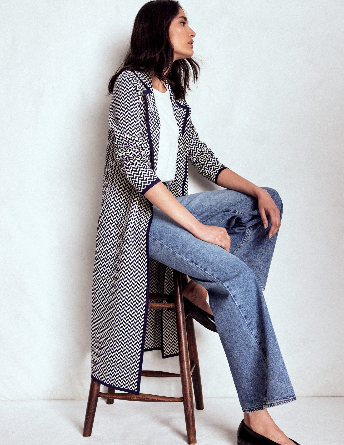 Jacquard-Strickmantel-Marineblau/Naturweiß Modernes Hahnentrittmuster