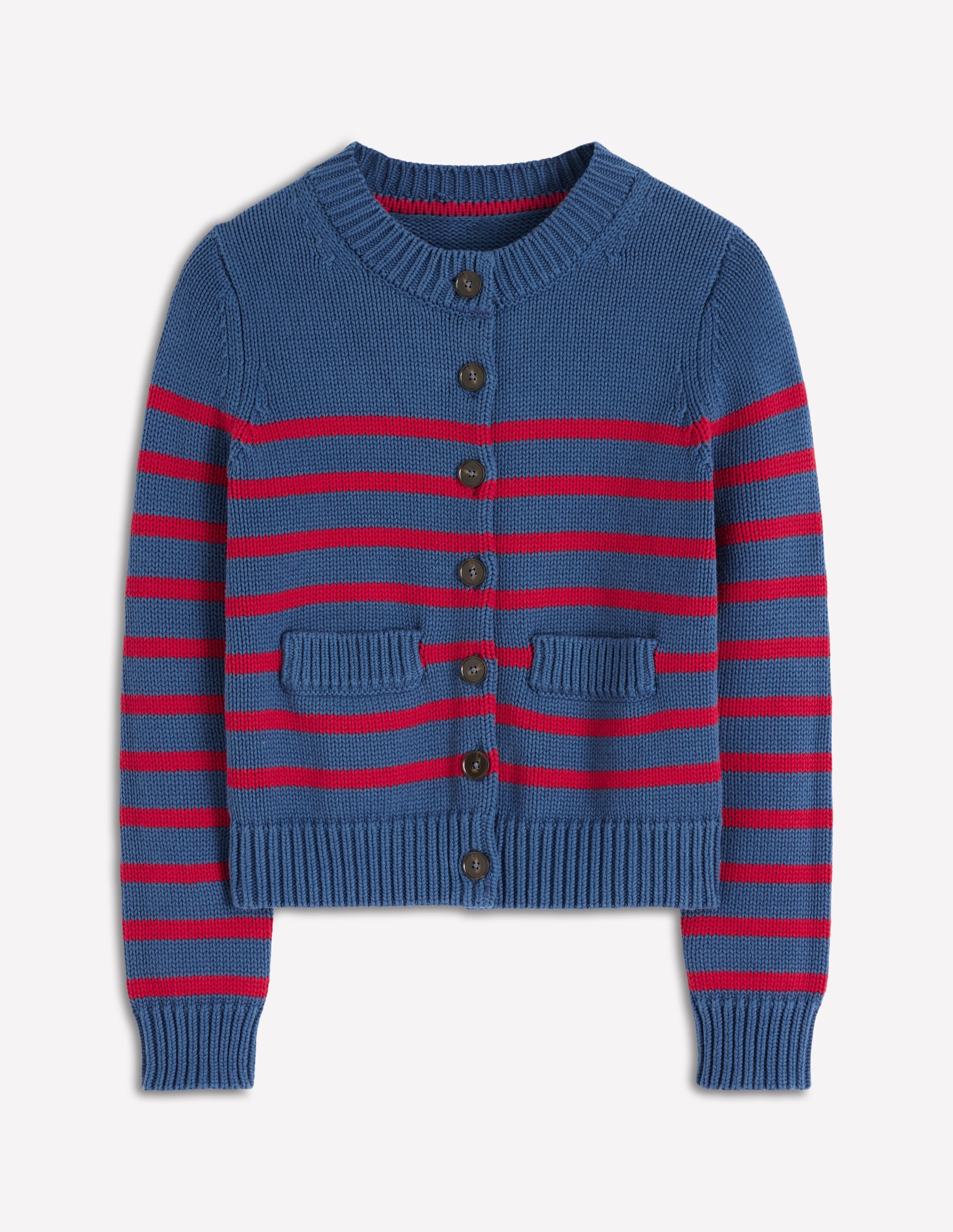 Lucy Grob gestrickte Baumwollstrickjacke-Zartes Marineblau und rote Streifen - Image 8