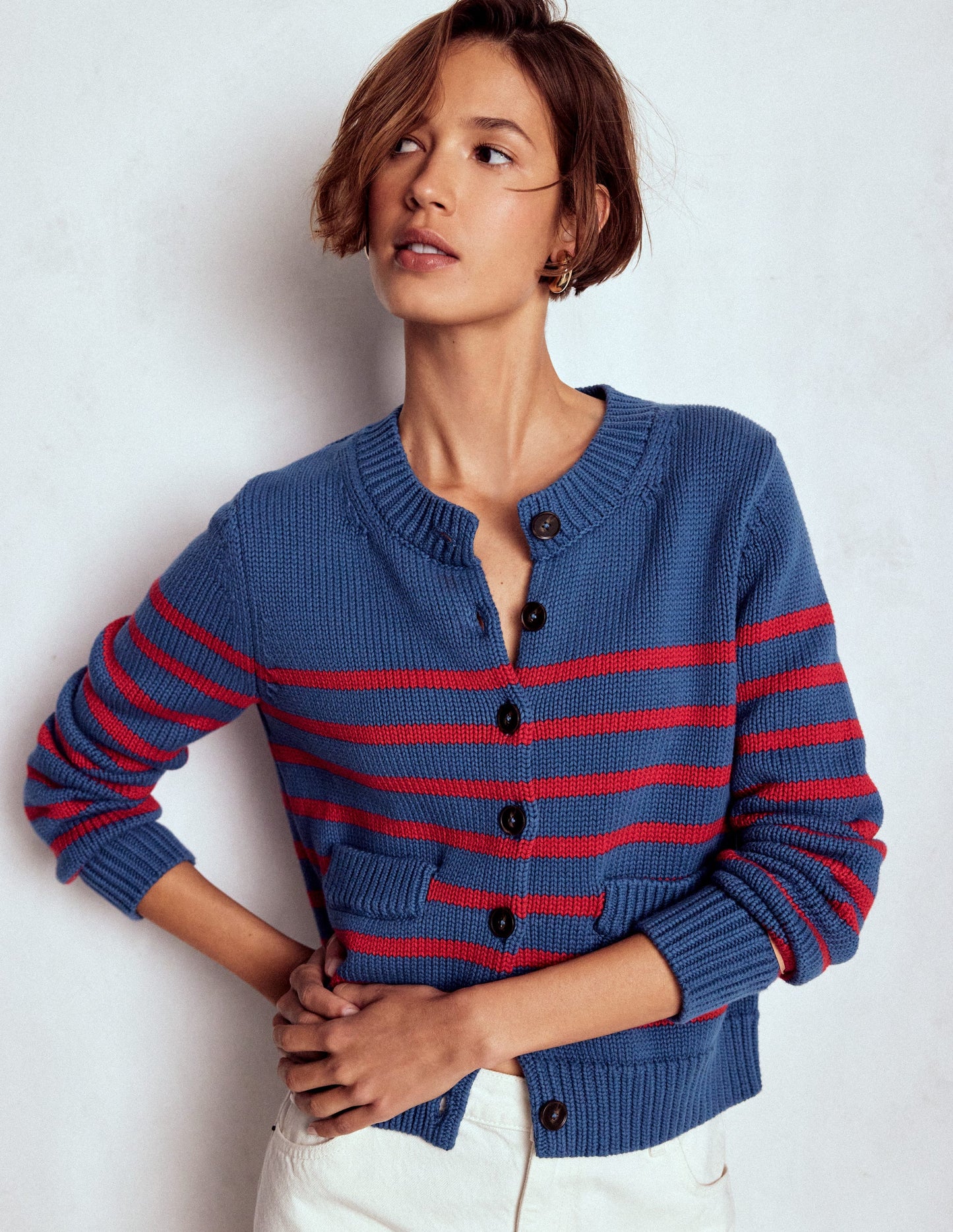 Cardigan Lucy en coton épais-Rayé bleu marine doux et rouge