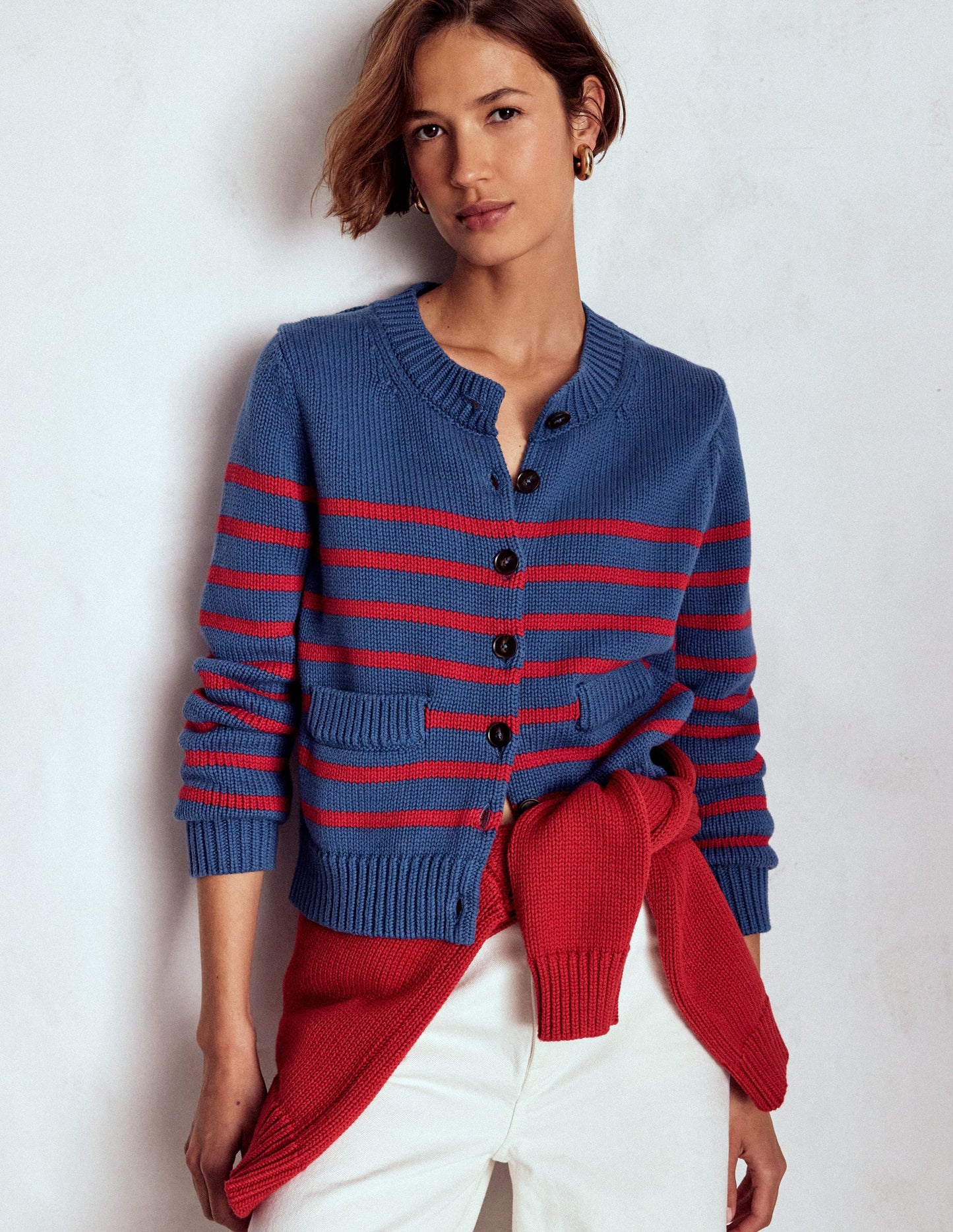 Cardigan Lucy en coton épais-Rayé bleu marine doux et rouge