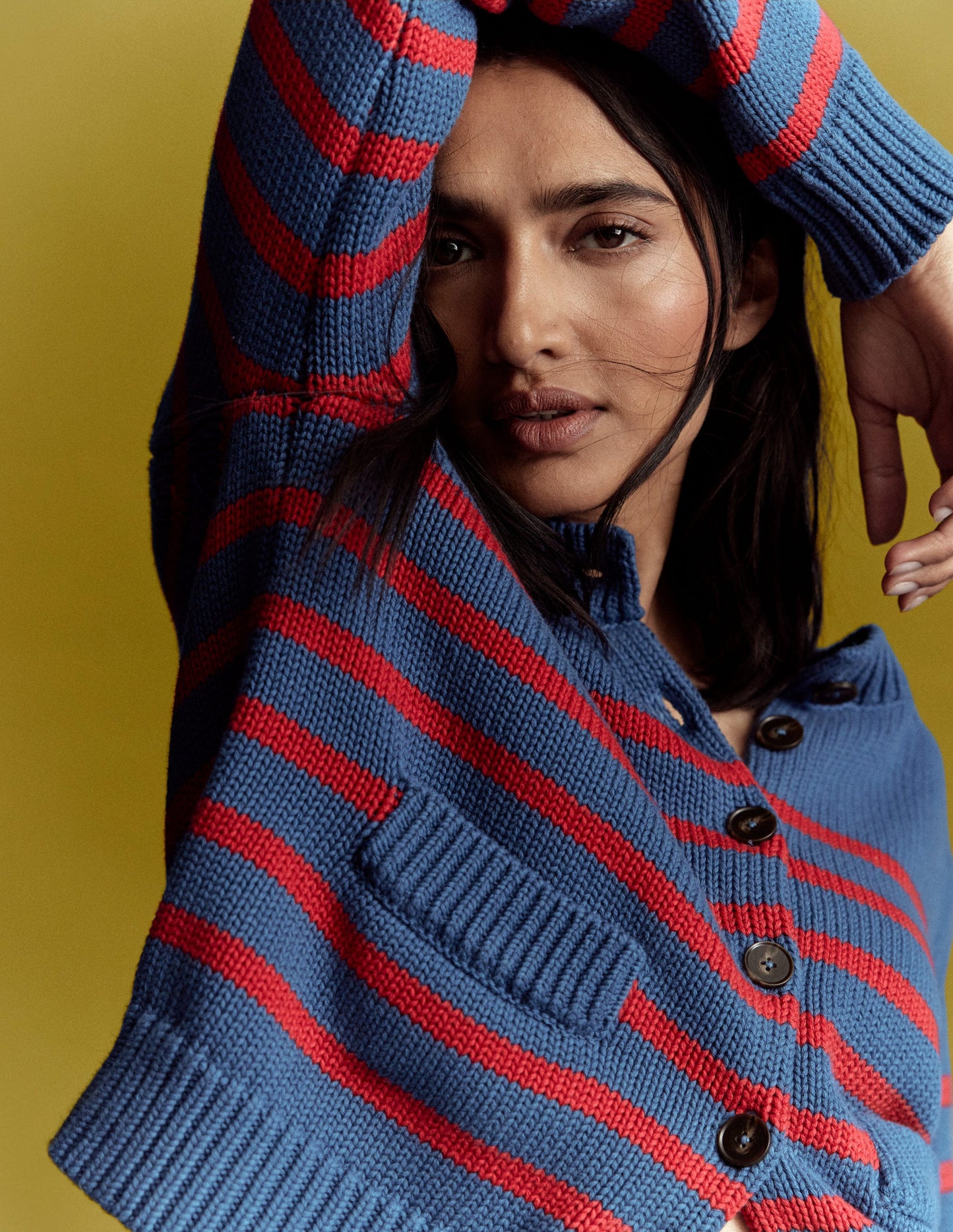 Cardigan Lucy en coton épais-Rayé bleu marine doux et rouge