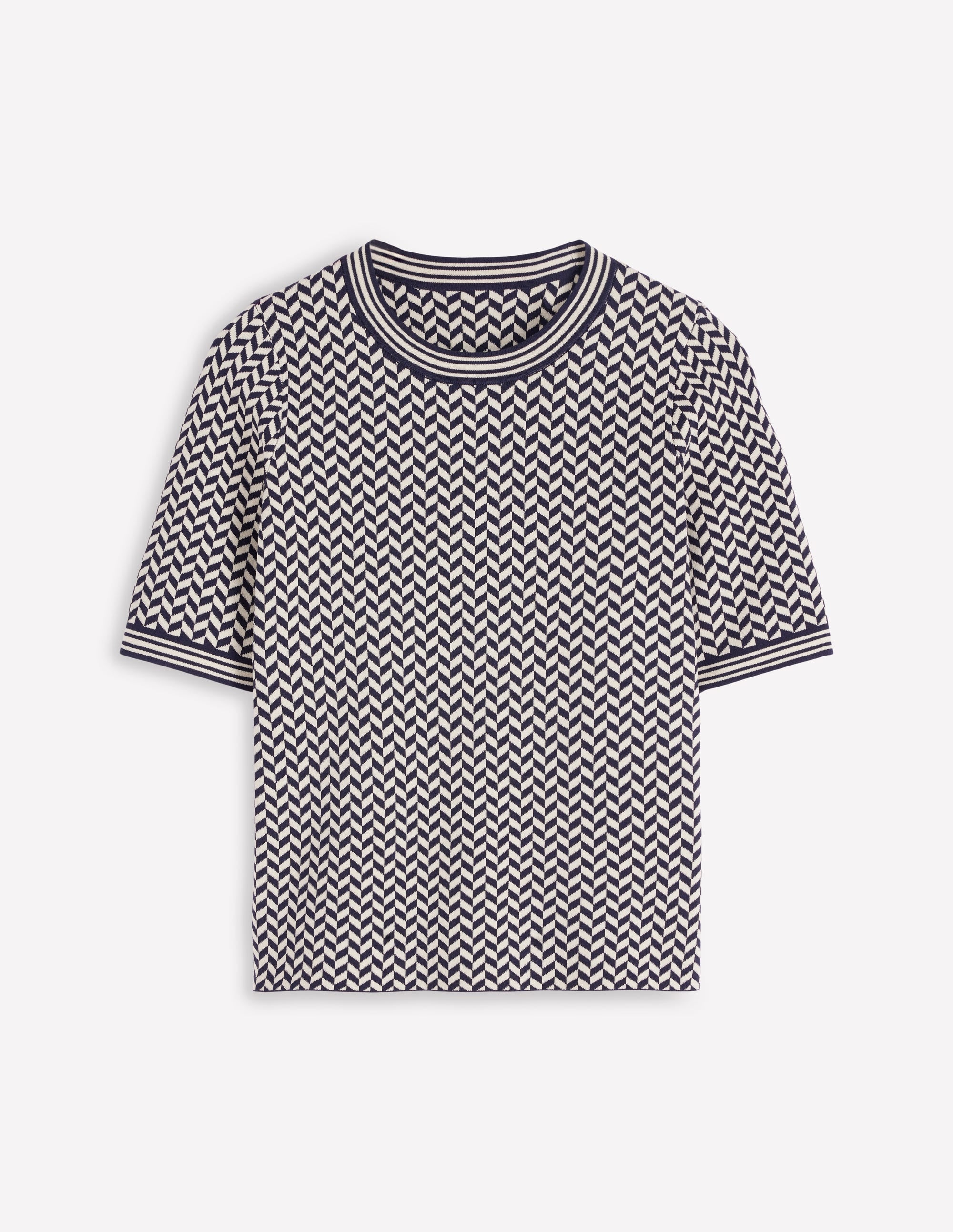 Strick-T-Shirt aus Jacquard-Marineblau/Naturweiß Modernes Hahnentrittmuster - Image 5