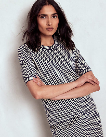 Strick-T-Shirt aus Jacquard-Marineblau/Naturweiß Modernes Hahnentrittmuster-1