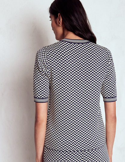 Strick-T-Shirt aus Jacquard-Marineblau/Naturweiß Modernes Hahnentrittmuster-3