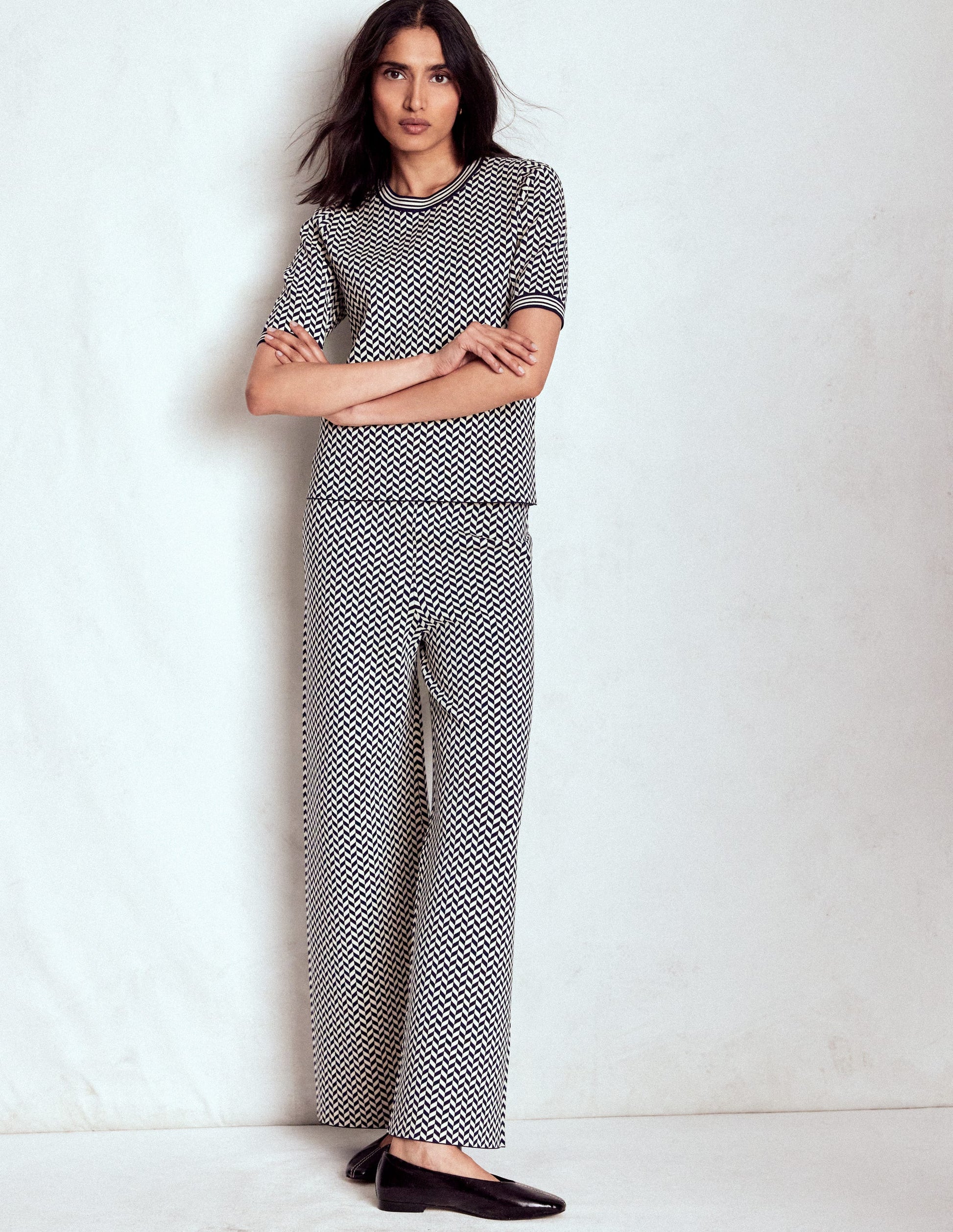 Strick-T-Shirt aus Jacquard-Marineblau/Naturweiß Modernes Hahnentrittmuster-4