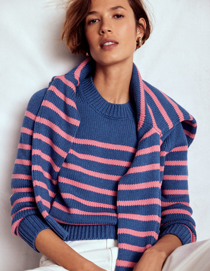 Lucy Chunky Cotton Jumper-Blue, Pink Stripe