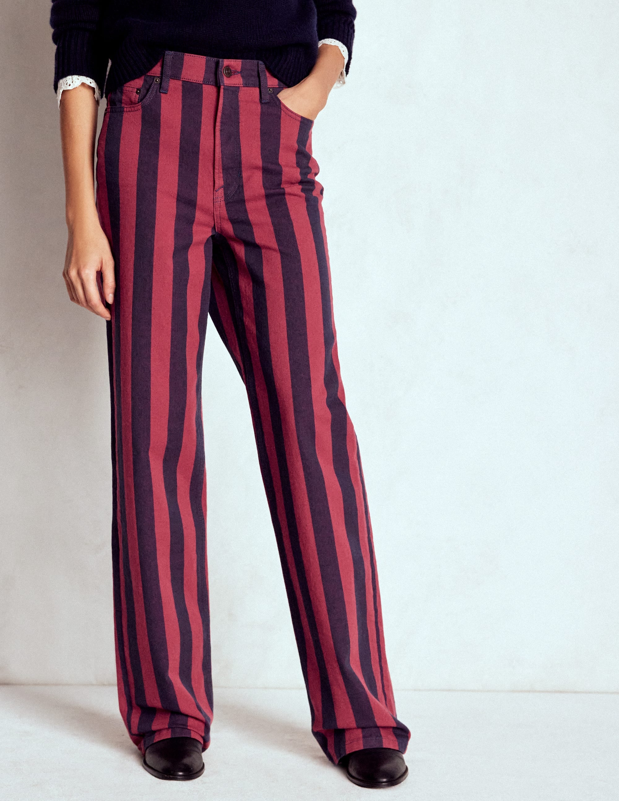 Jeans mit hohem Bund und geradem, weitem Bein-Rot/Navy mit Streifen - Image 4